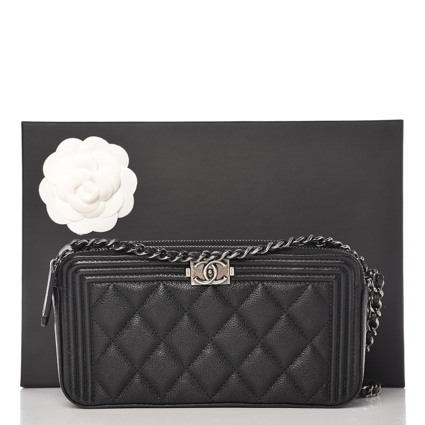 Calfskin Quilted Small Boy Clutch With Chain Black