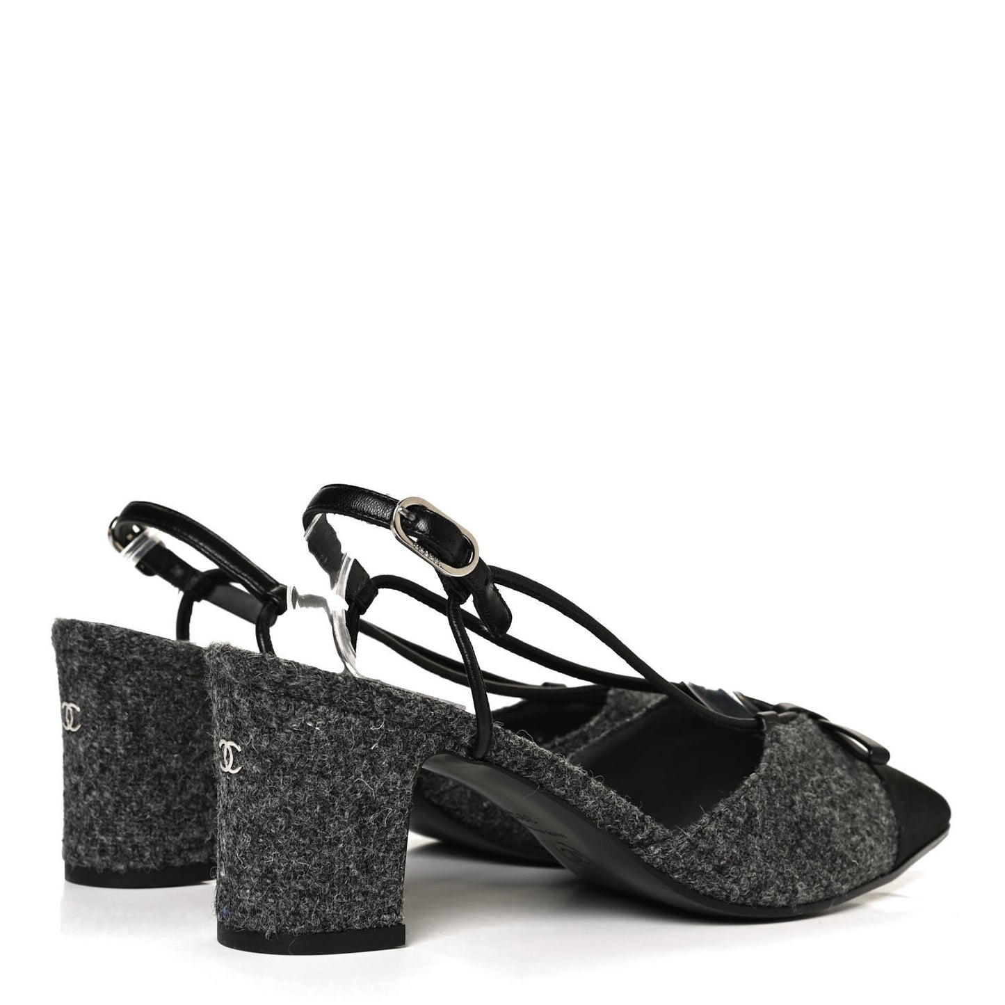 Tweed Satin Slingback Cap Toe Bow Pumps 39.5 Grey Black
