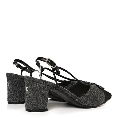 Chanel Tweed Satin Slingback Cap Toe Bow Pumps 39.5 Grey Black 4 of 11