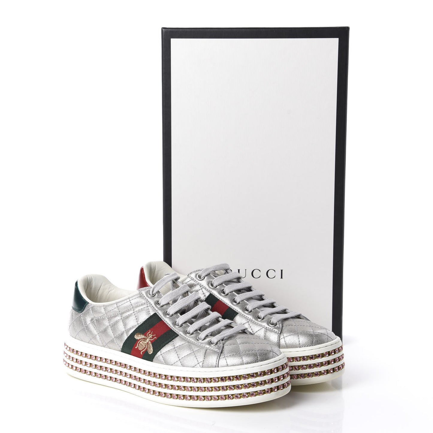 Laminated Nappa Crystal Web Bee Embroidered Trapuntata Womens Ace Platform Sneakers 36.5 Argento