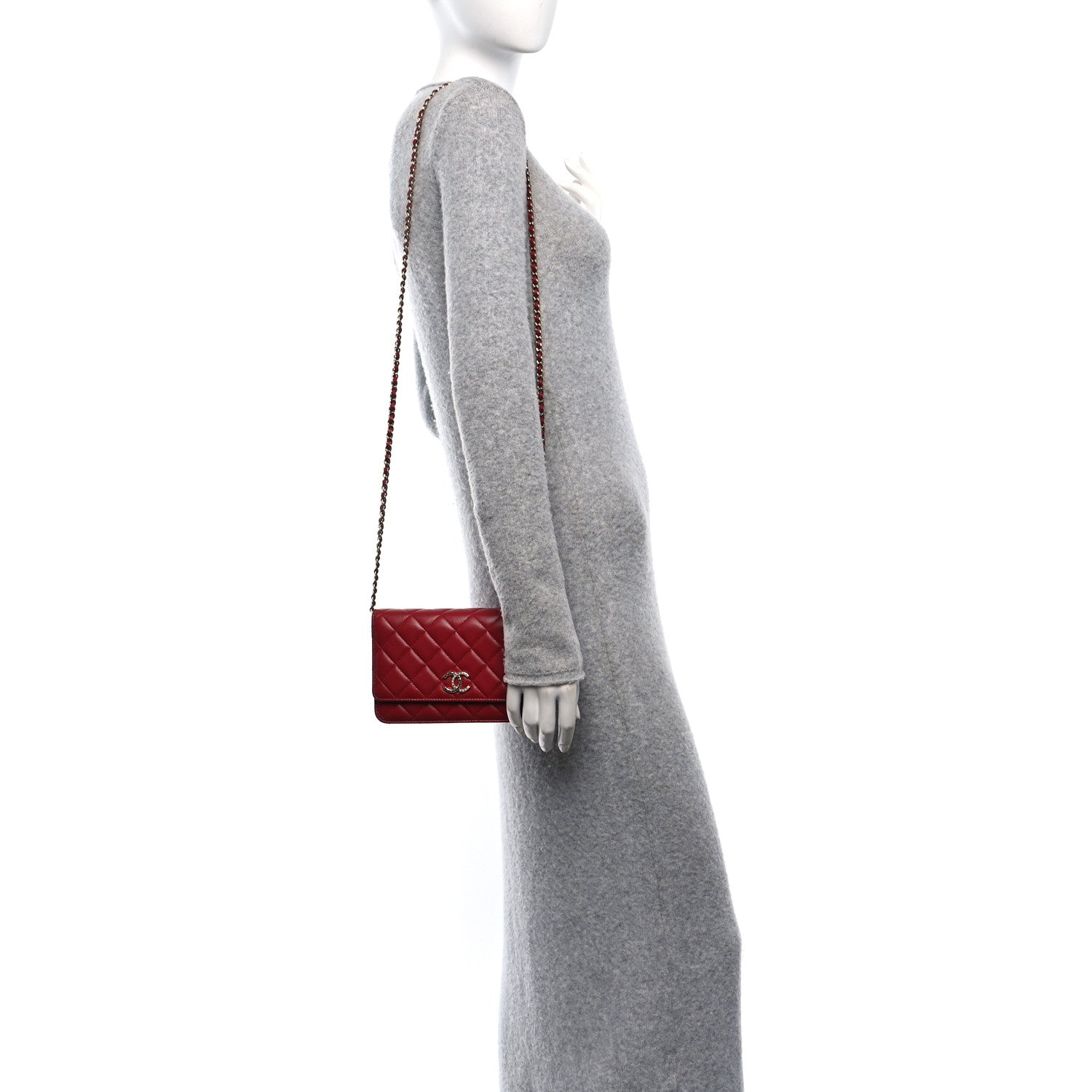 Chanel Lambskin Quilted Crystal Pearl CC Wallet On Chain WOC Burgundy 2 of 11
