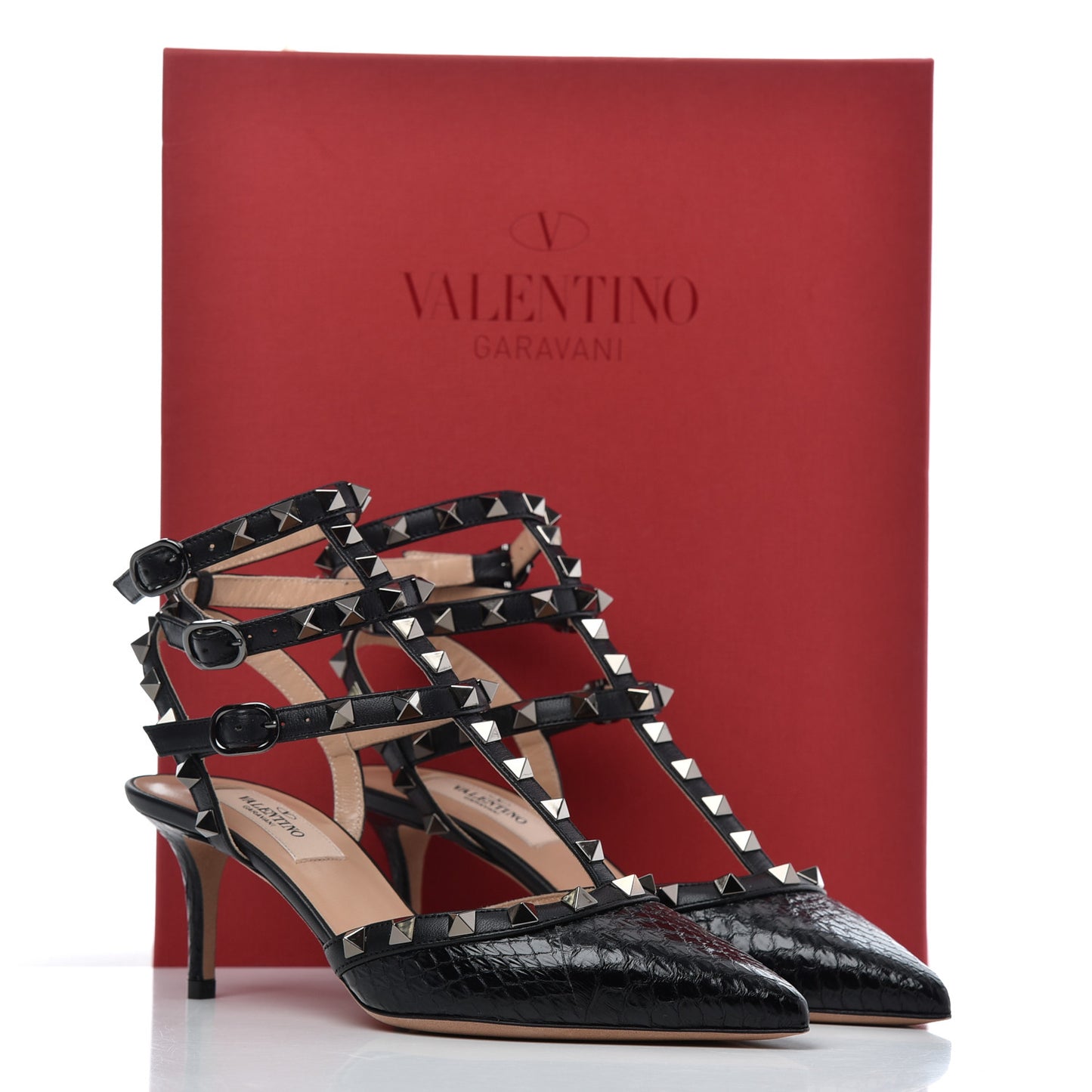 Ayers Snakeskin Rockstud Ankle Strap Low Heel Pumps 36 Black
