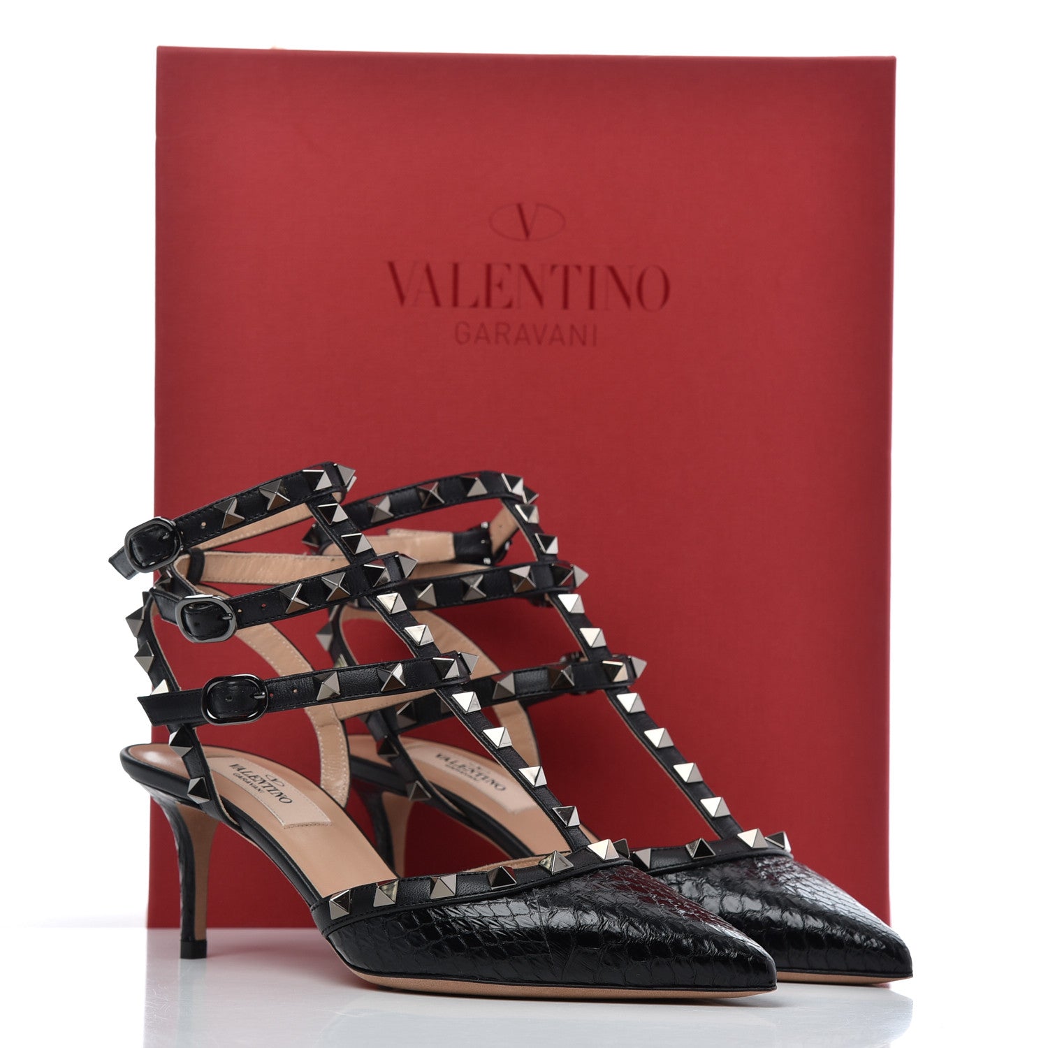 Valentino Garavani Ayers Snakeskin Rockstud Ankle Strap Low Heel Pumps 36 Black 15 of 15