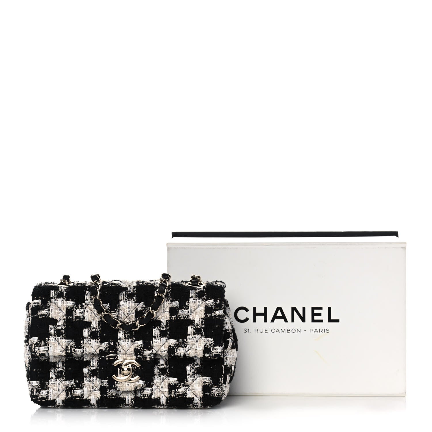 Chanel Tweed Quilted Mini Rectangular Flap Black Ecru White 16 of 16