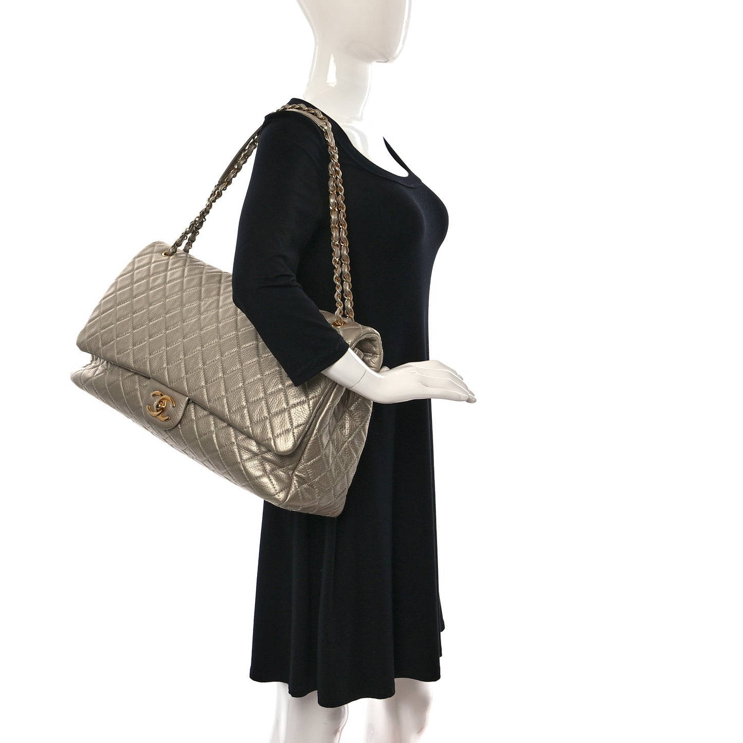 Metallic Calfskin Quilted XXL Travel Flap Bag Gold