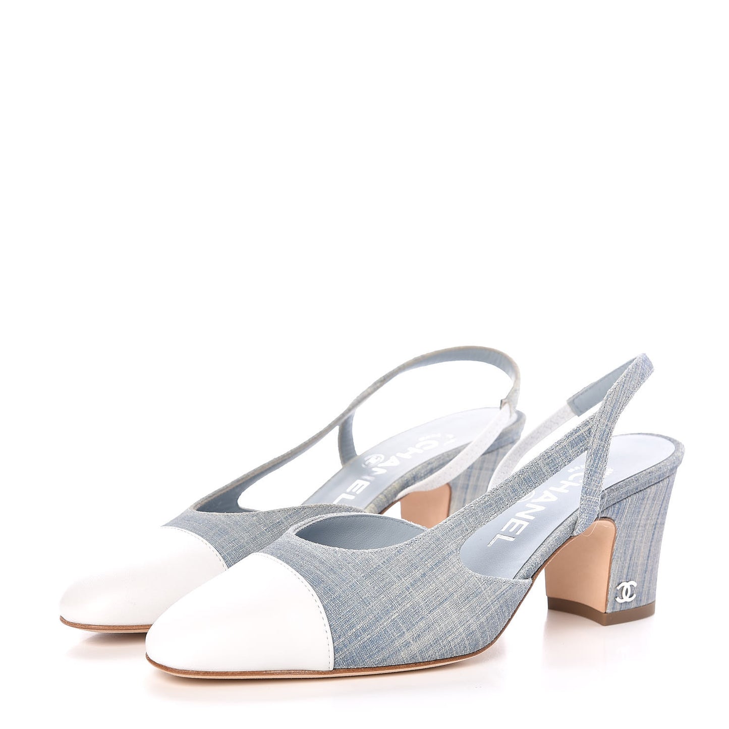 Denim Lambskin Cap Toe CC Slingback Pumps 35.5 Light Blue White