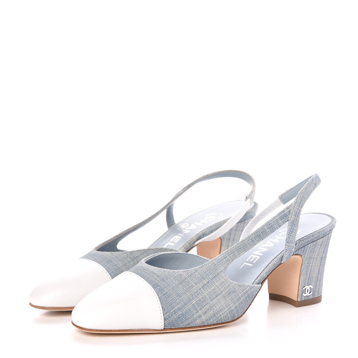 Chanel Denim Lambskin Cap Toe CC Slingback Pumps 35.5 Light Blue White 3 of 9