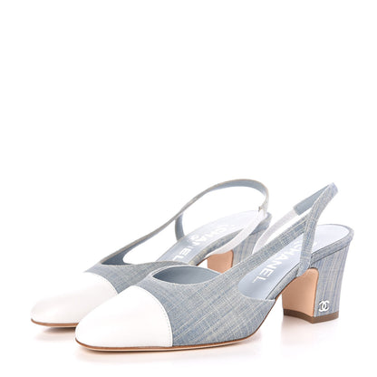 Chanel Denim Lambskin Cap Toe CC Slingback Pumps 35.5 Light Blue White 3 of 9