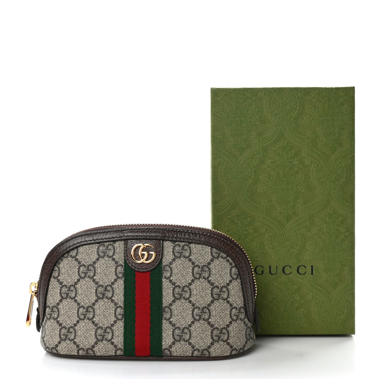 GG Supreme Monogram Textured Calfskin Web Medium Ophidia Cosmetic Case Beige Ebony New Acero