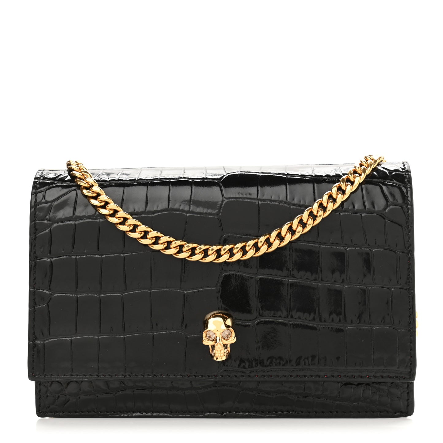 Calfskin Crocodile Embossed Skull Mini Crossbody Bag Black