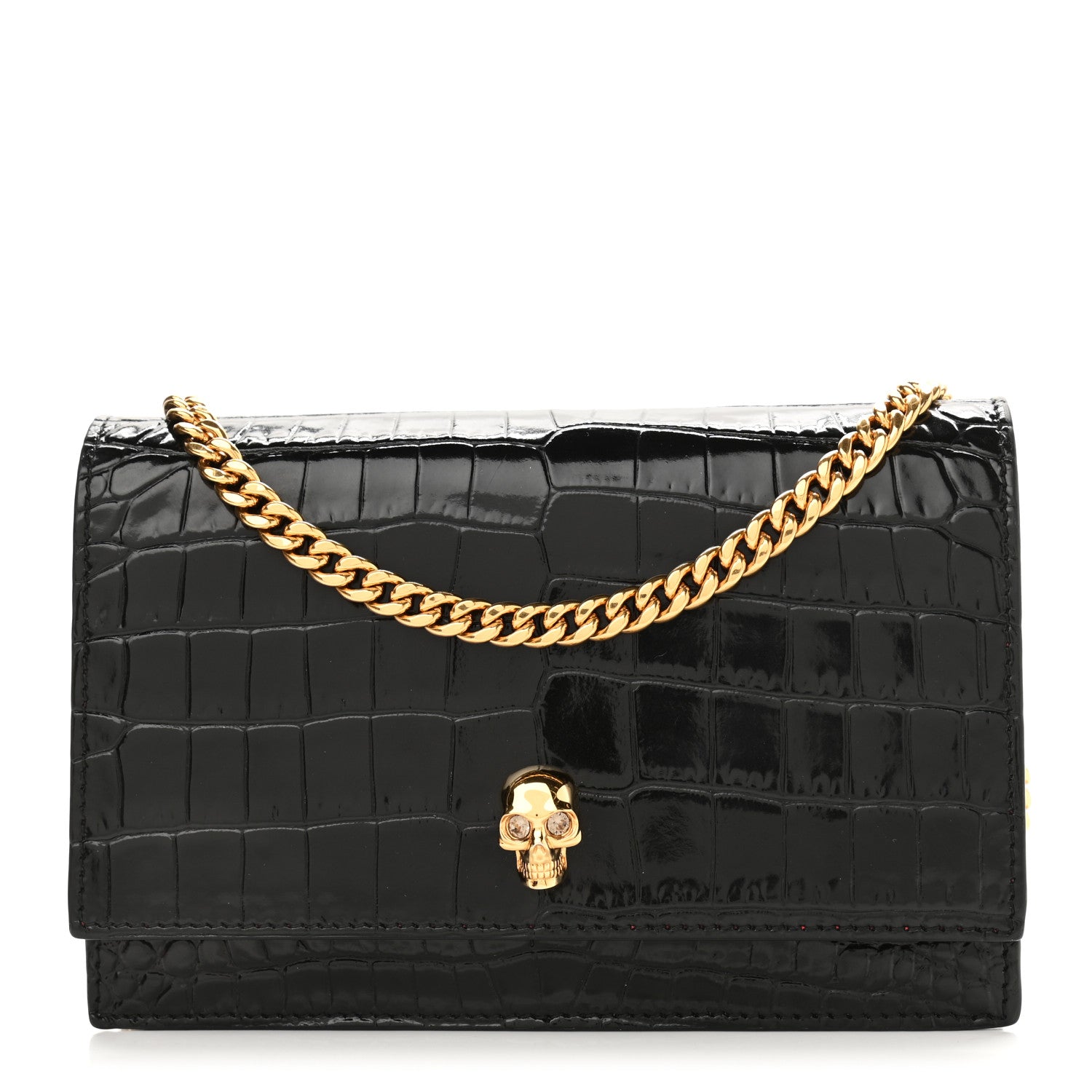 Alexander McQueen Calfskin Crocodile Embossed Skull Mini Crossbody Bag Black 1 of 9