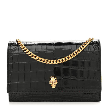 Alexander McQueen Calfskin Crocodile Embossed Skull Mini Crossbody Bag Black 1 of 9