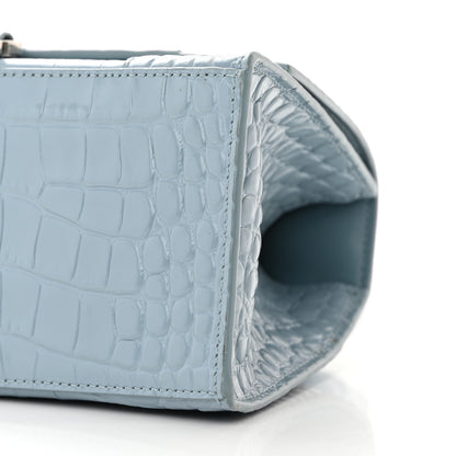 Balenciaga Shiny Calfskin Crocodile Embossed Small Hourglass Top Handle Bag Blue Grey 11 of 19