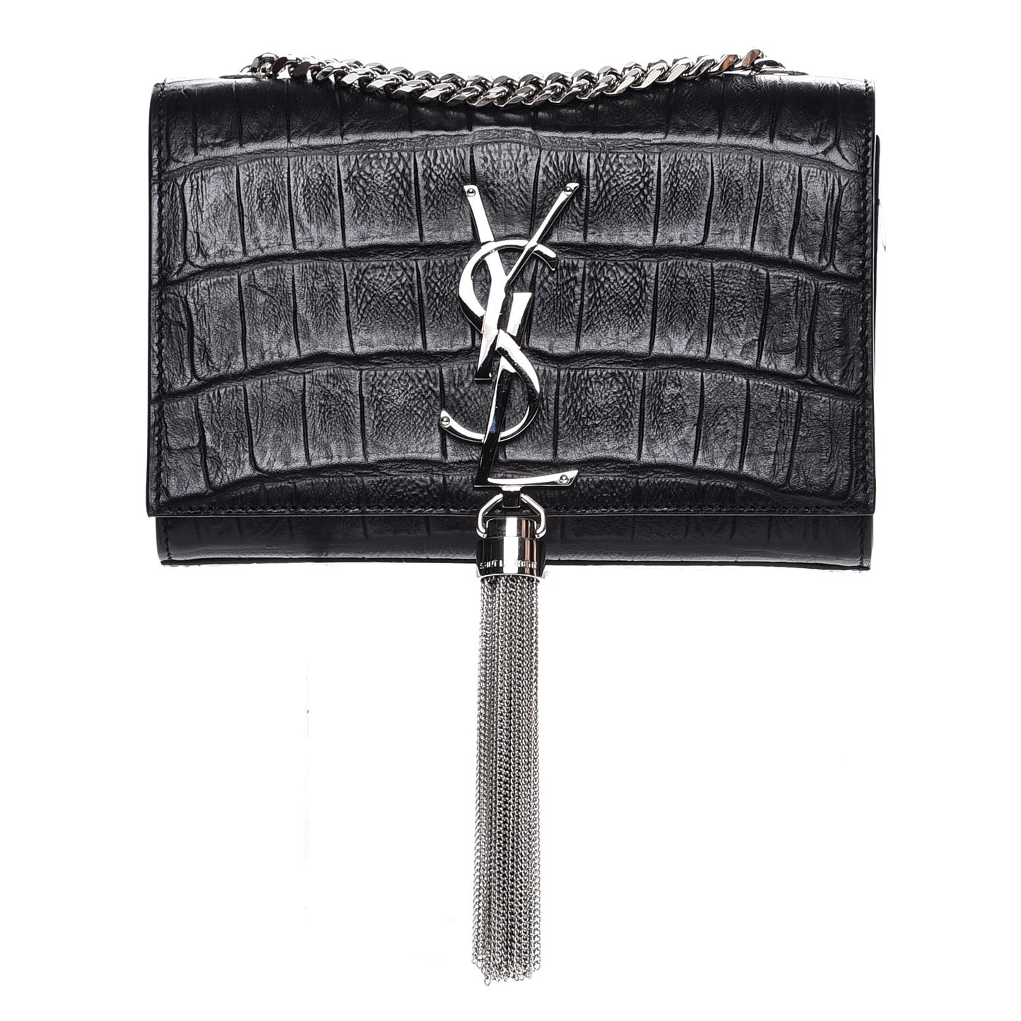 Calfskin Crocodile Embossed Small Classic Monogram Tassel Satchel Black