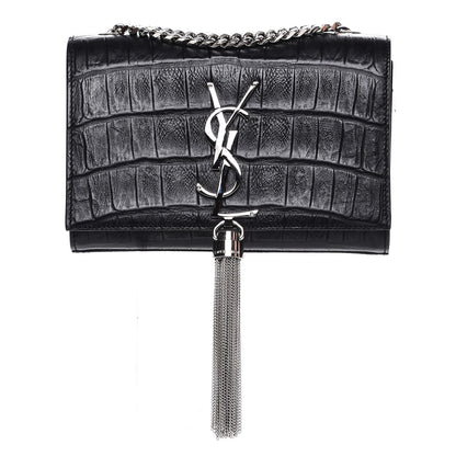 Saint Laurent Calfskin Crocodile Embossed Small Classic Monogram Tassel Satchel Black 1 of 6