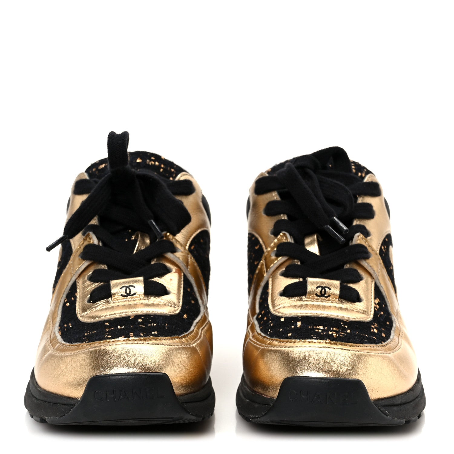 Chanel Satin Lambskin Fabric Tweed CC Sneakers 35.5 Gold Black