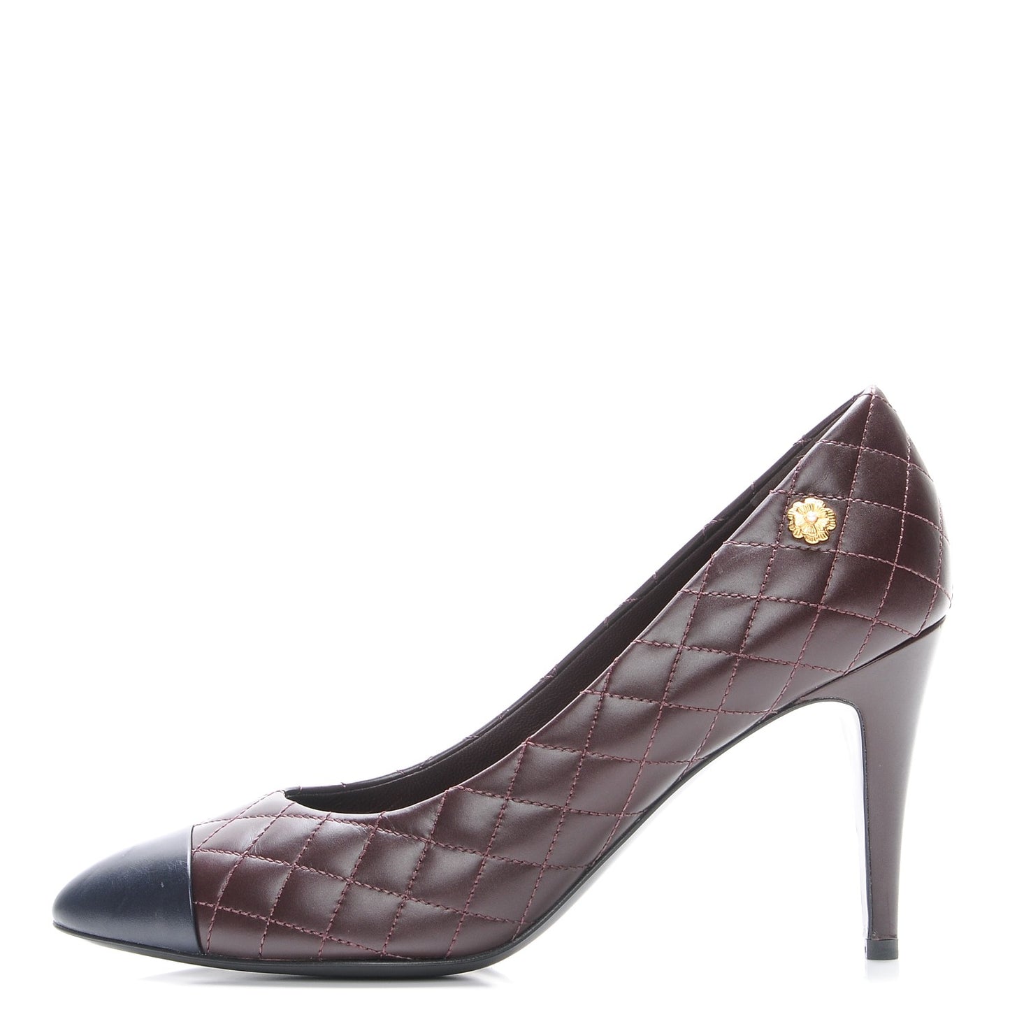 Calfskin Quilted Cap Toe Camellia Pumps 39 Burgundy Navy