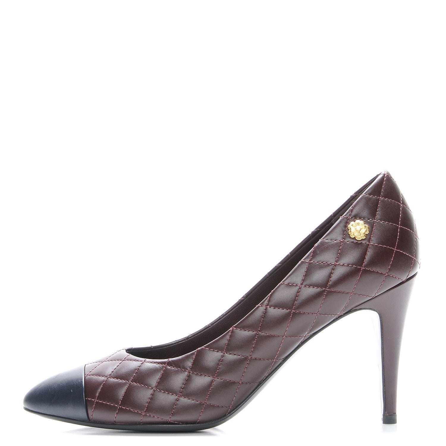 Chanel Calfskin Quilted Cap Toe Camellia Pumps 39 Burgundy Navy 1 of 9