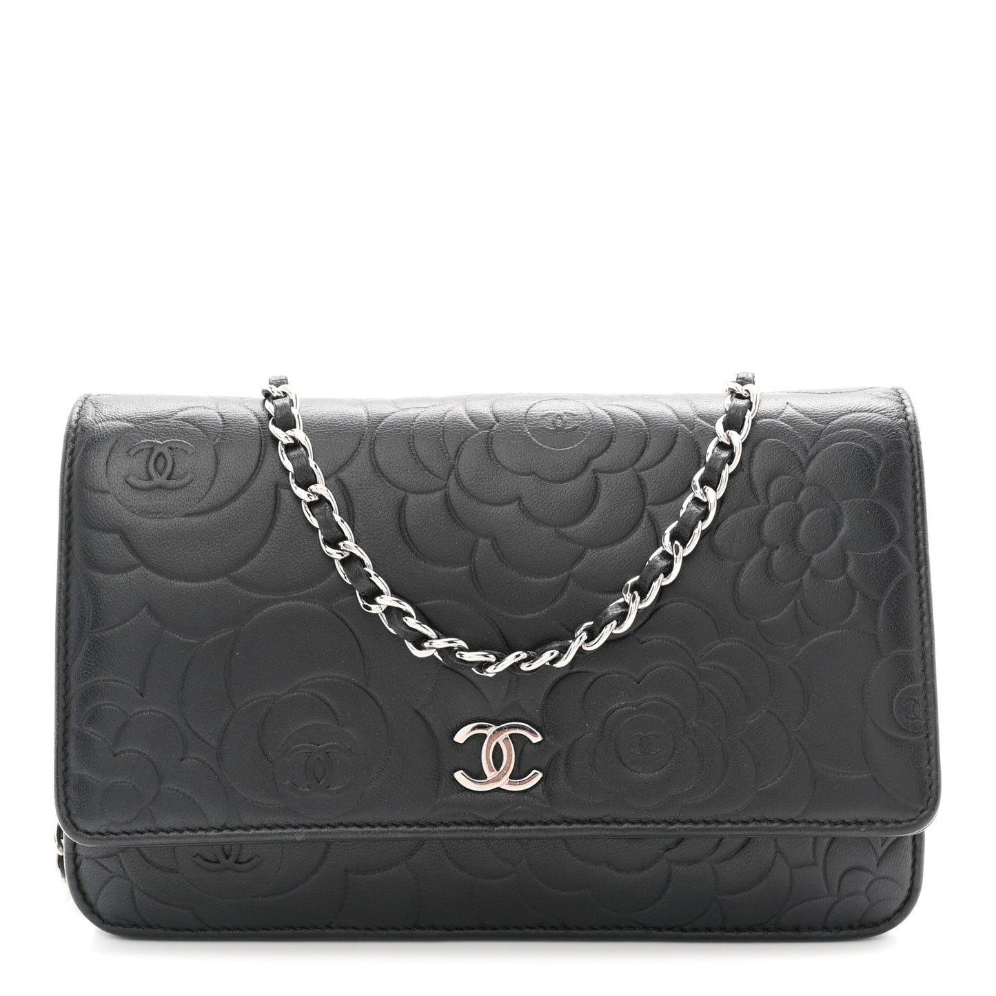 Lambskin Camellia Embossed Wallet On Chain WOC Black