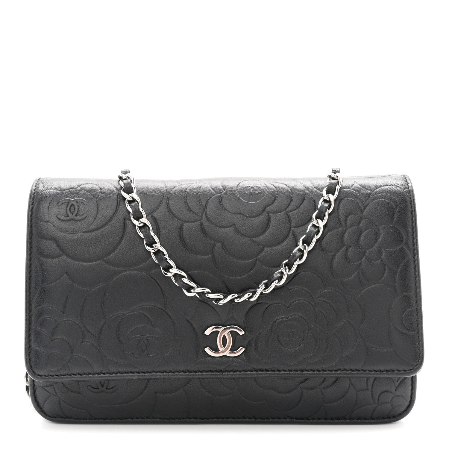 Chanel Lambskin Camellia Embossed Wallet On Chain WOC Black 1 of 11