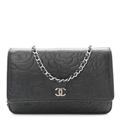Chanel Lambskin Camellia Embossed Wallet On Chain WOC Black 1 of 11