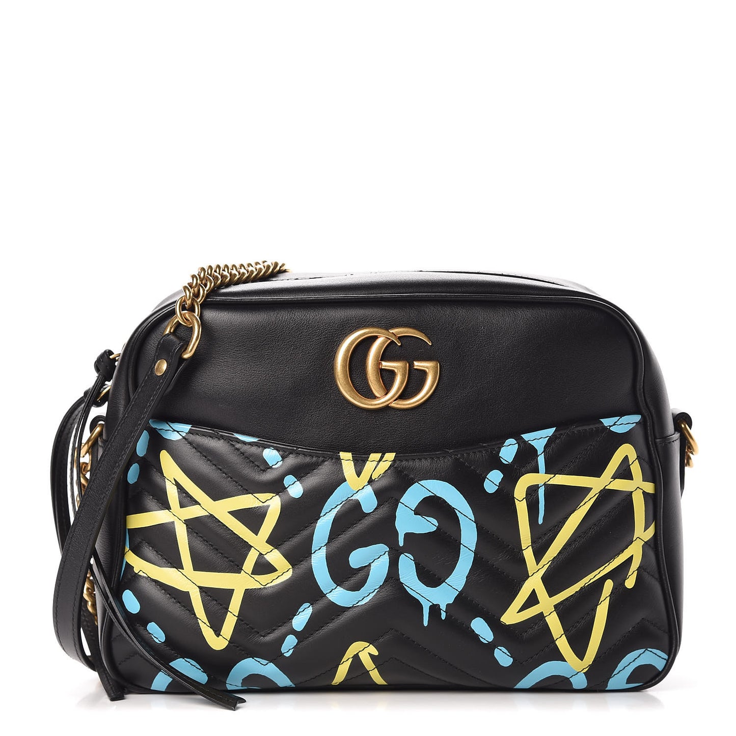 Calfskin Matelasse GucciGhost Medium GG Marmont Chain Shoulder Bag Black New Acquamarine