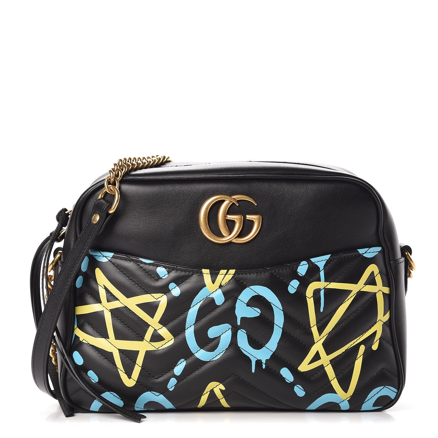 Gucci Calfskin Matelasse GucciGhost Medium GG Marmont Chain Shoulder Bag Black New Acquamarine 1 of 11