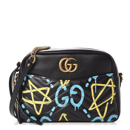 Gucci Calfskin Matelasse GucciGhost Medium GG Marmont Chain Shoulder Bag Black New Acquamarine 1 of 11