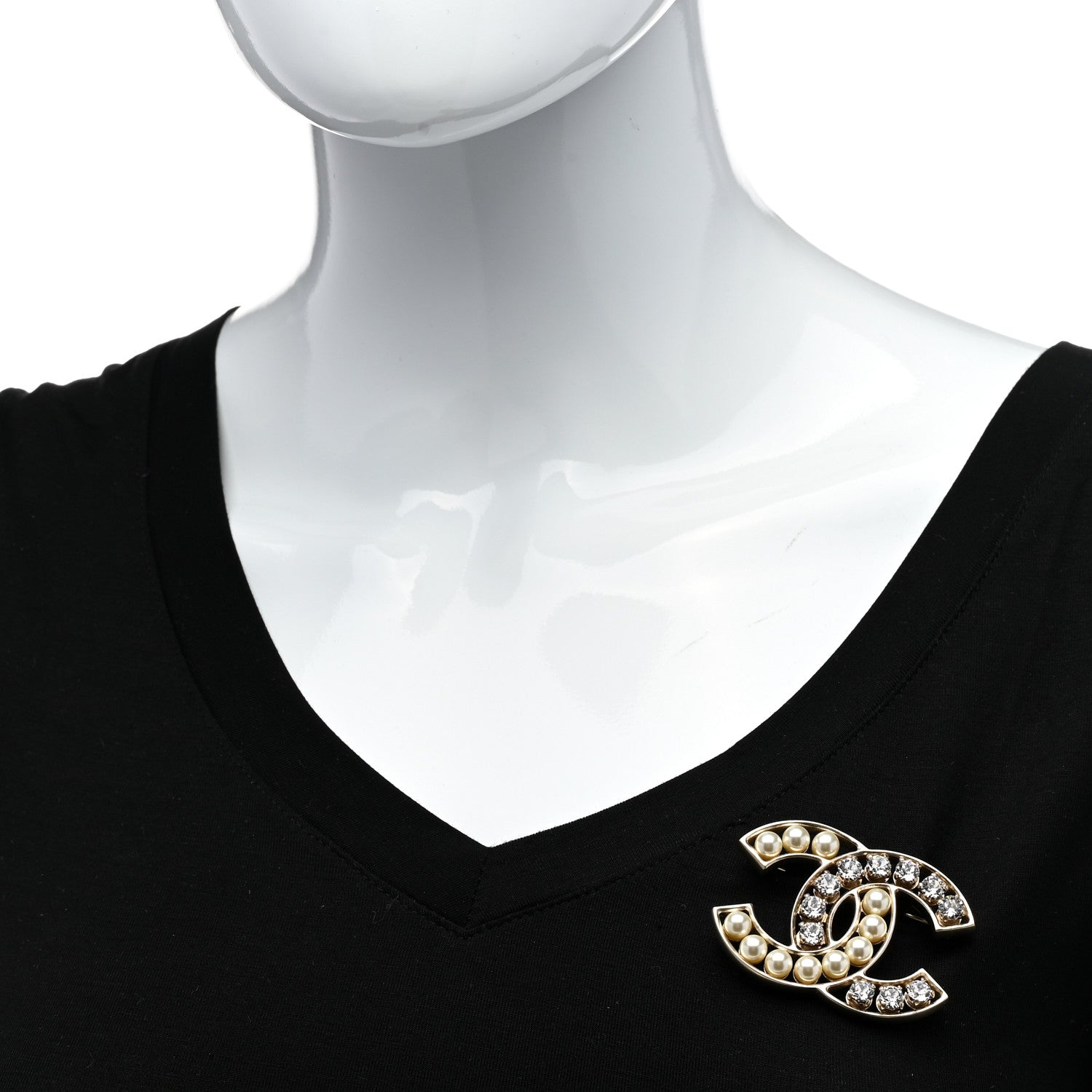 Chanel Pearl Crystal CC Brooch Gold Pearly White 2 of 5