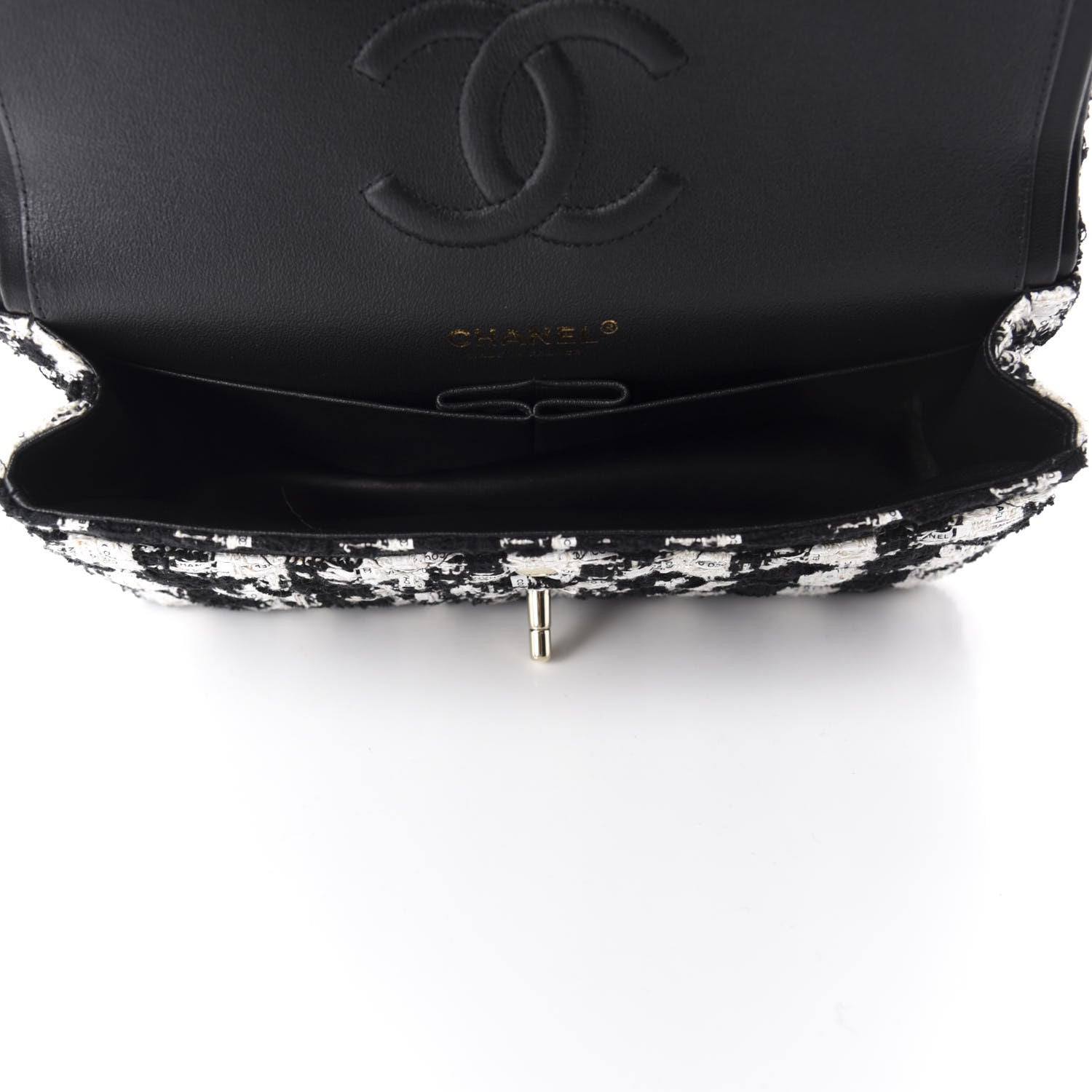 Chanel Tweed Quilted Medium Double Flap Black Ecru White 5 of 12