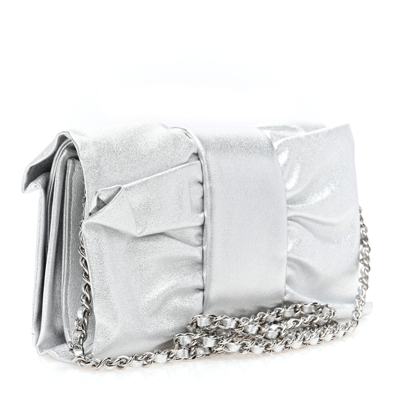 Chanel Metallic Lambskin Tie My Bow Flap Clutch With Chain Silver 3 of 10