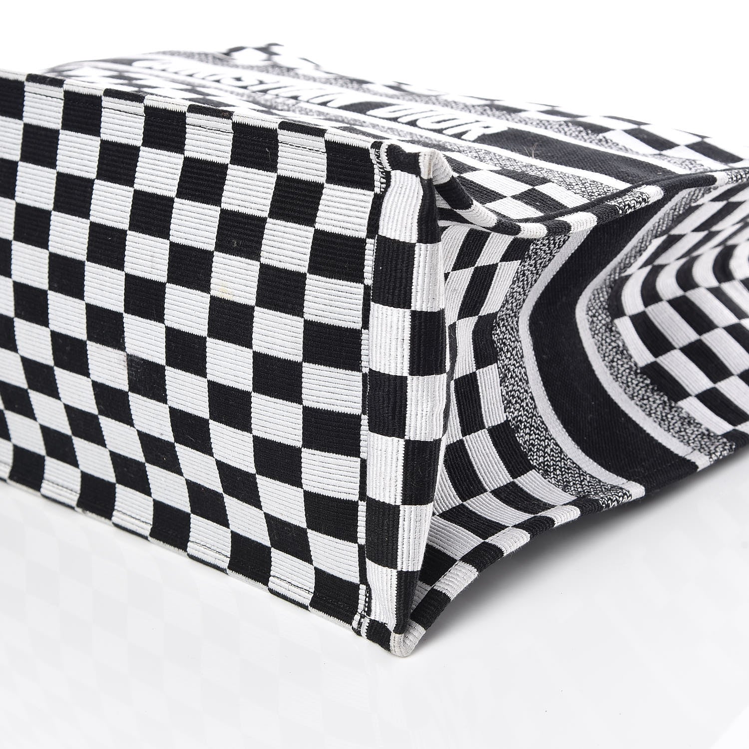 Christian Dior Canvas Embroidered Checkered Book Tote Black White 9 of 9