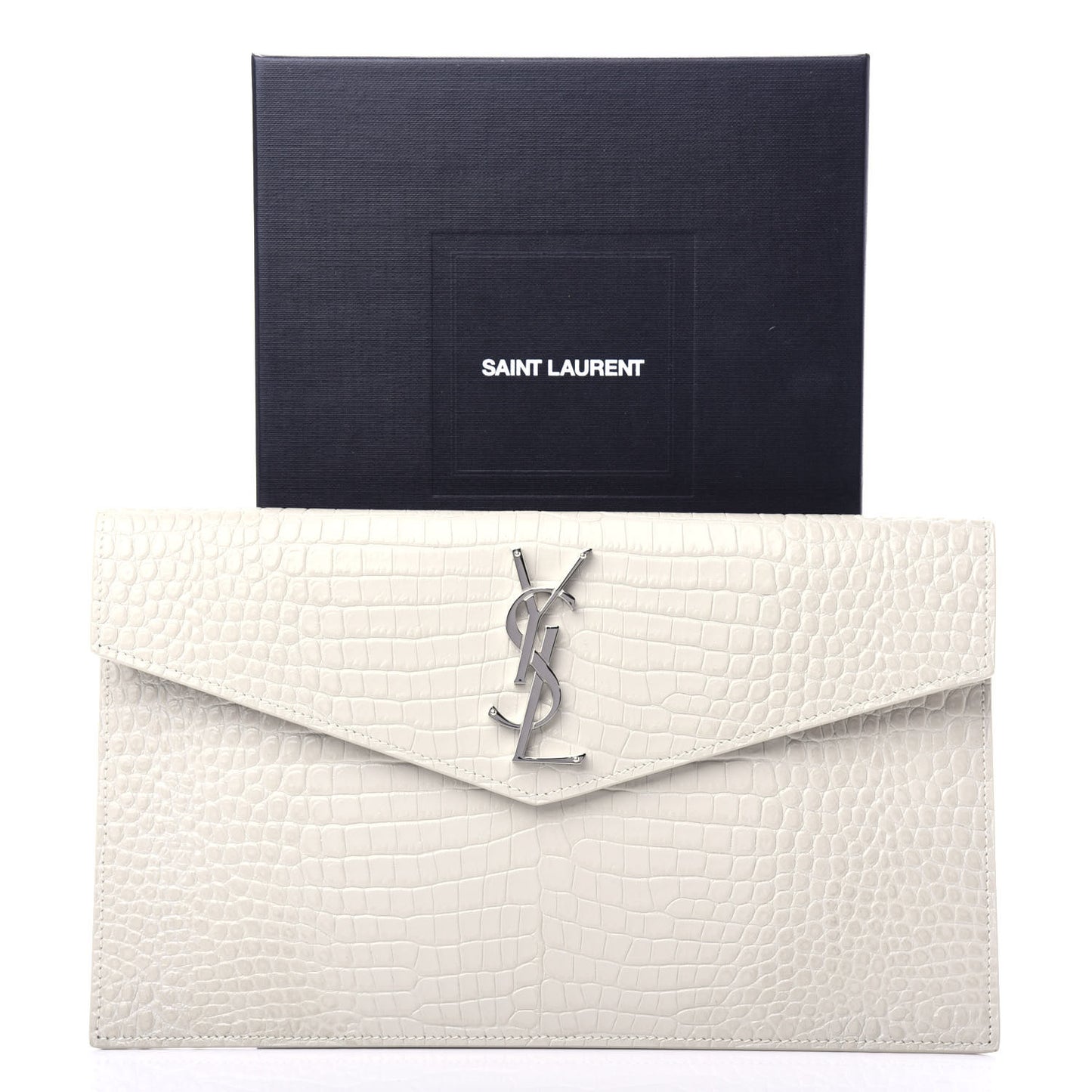 Calfskin Crocodile Embossed Uptown Monogram Pouch Crema Soft