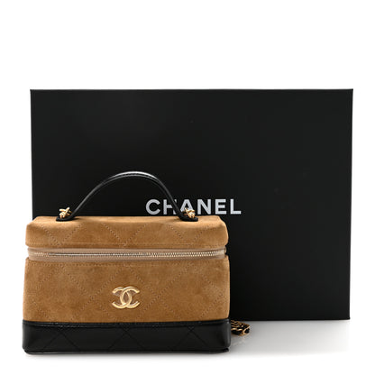 Chanel Suede Calfskin Shiny Lambskin Quilted Top Handle Slim Vanity Case With Chain Beige Black 11 of 11