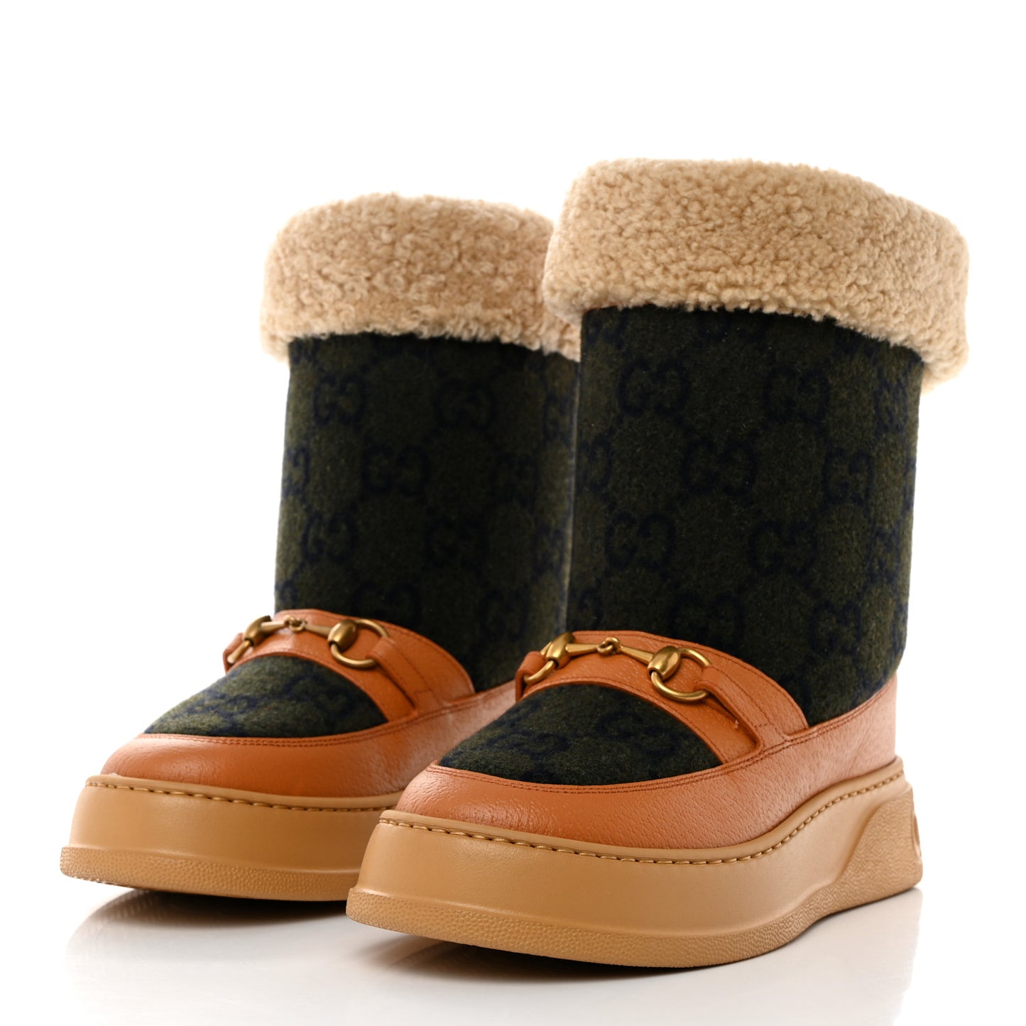 Covered Wool Monogram Textured Dollar Calfskin Shearling Horsebit Snow Boots 38.5 Underwood Blue Hazel Brown