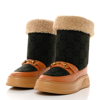 Gucci Covered Wool Monogram Textured Dollar Calfskin Shearling Horsebit Snow Boots 38.5 Underwood Blue Hazel Brown 3 of 9