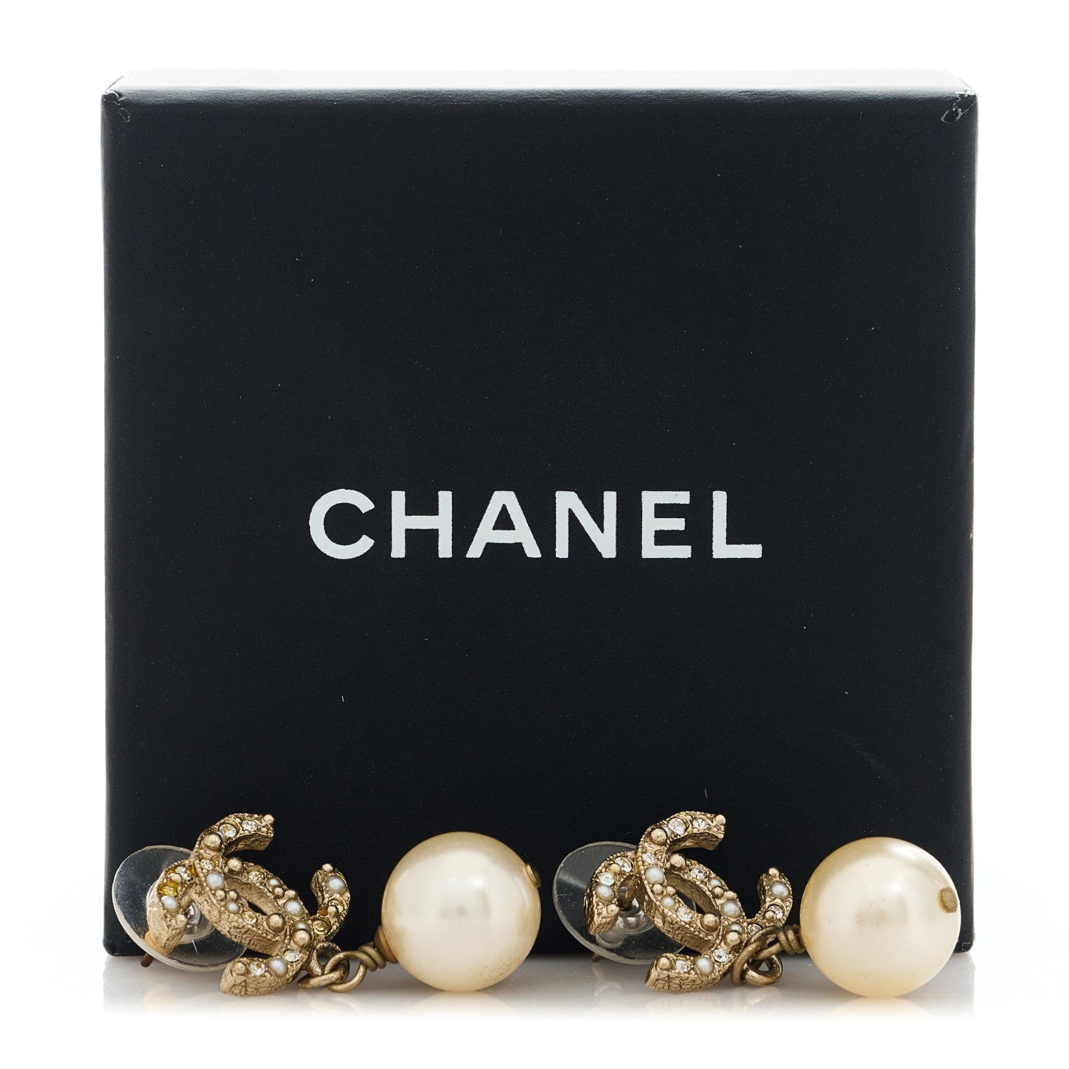 Chanel Crystal Pearl CC Drop Earrings Gold 2 of 5