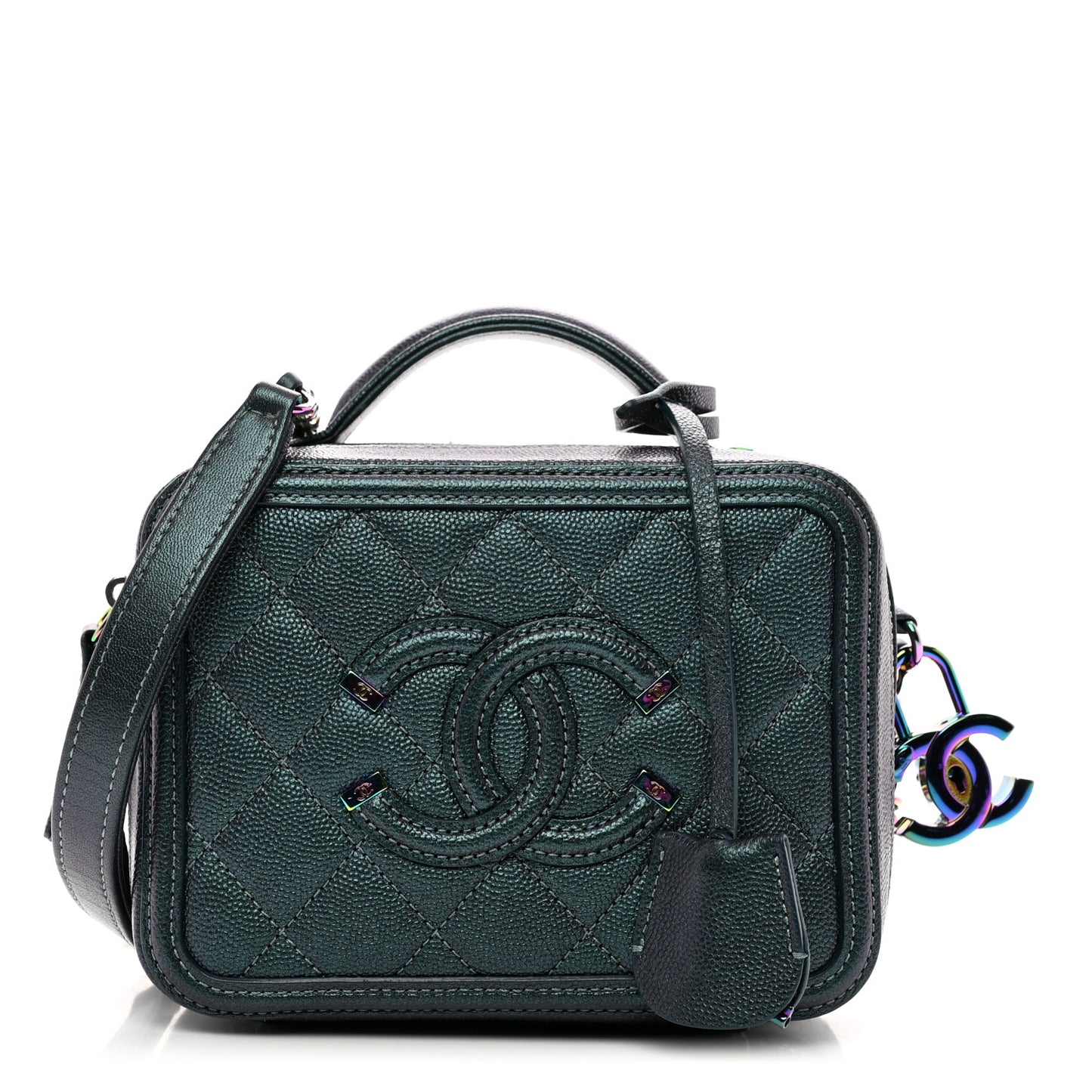 Iridescent Caviar Quilted Small CC Filigree Vanity Case Dark Turquoise