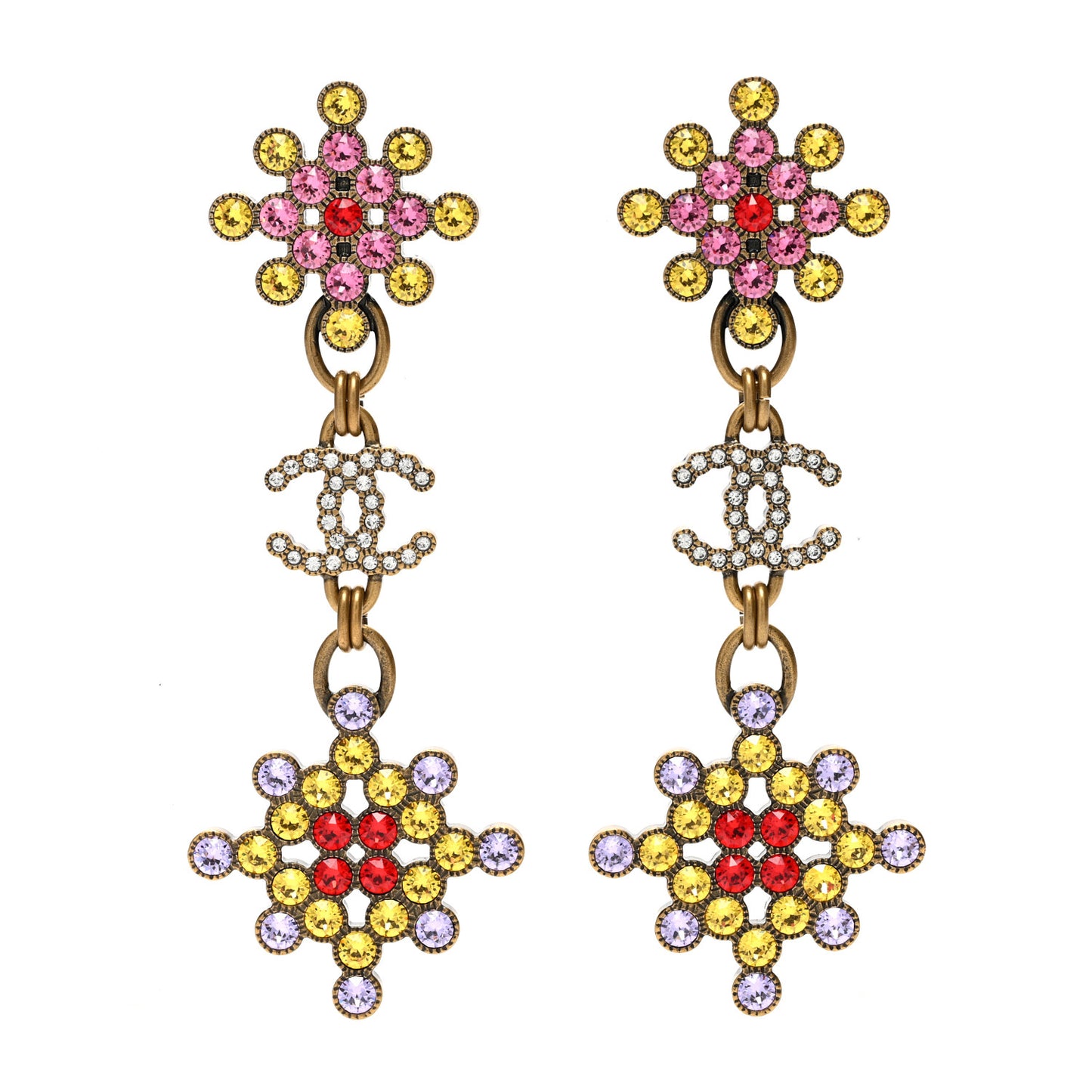 Crystal Strass CC City of Lights Cluster Dangle Earrings Gold Multicolor