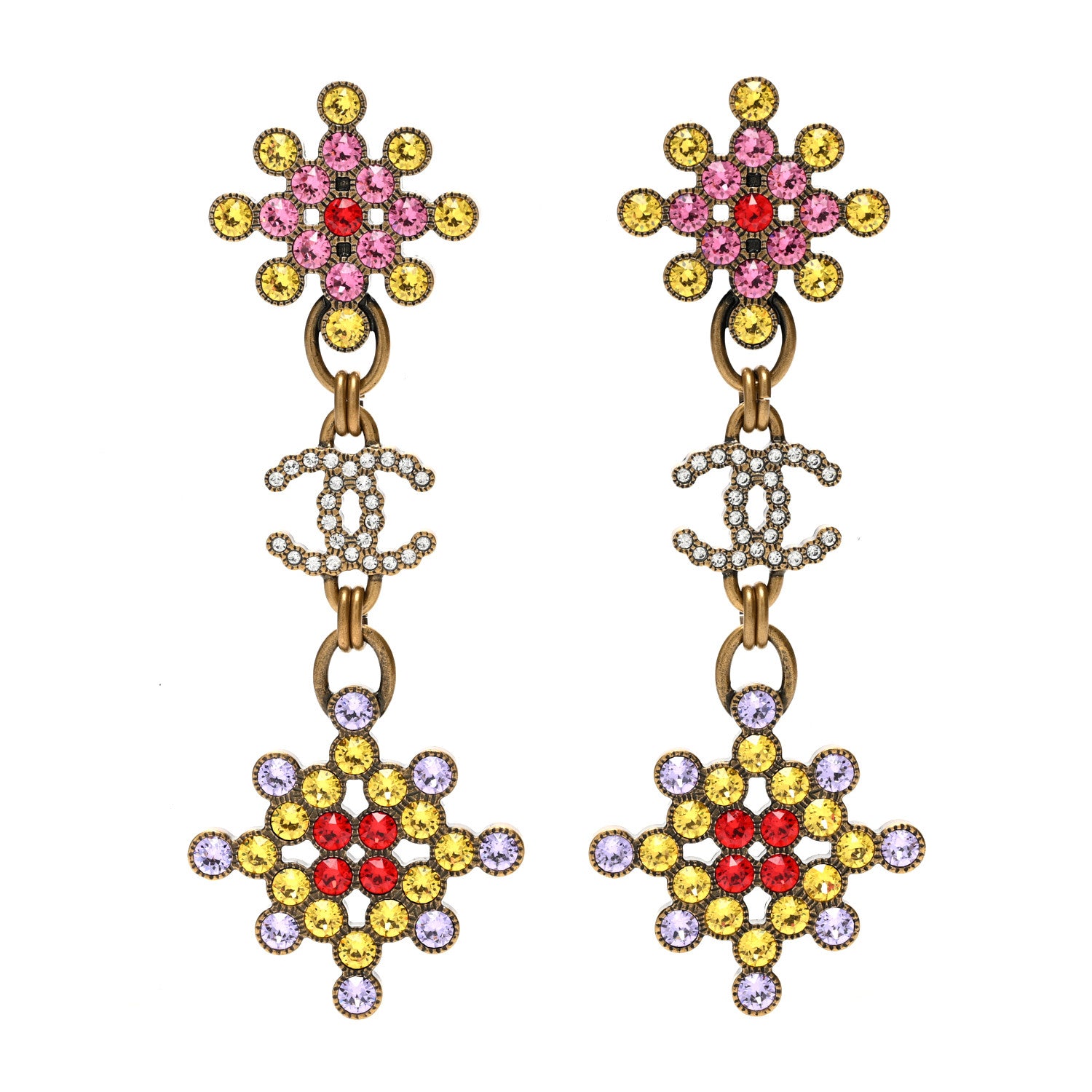 Chanel Crystal Strass CC City of Lights Cluster Dangle Earrings Gold Multicolor 1 of 5