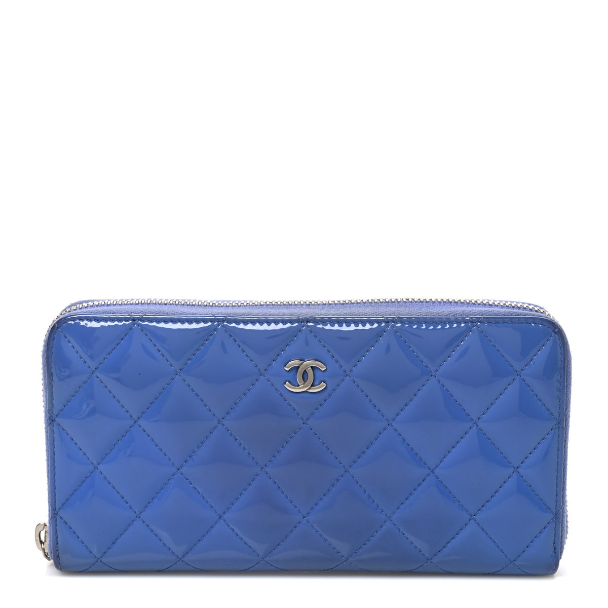 Patent Quilted Large Gusset Zip Around Wallet Blue