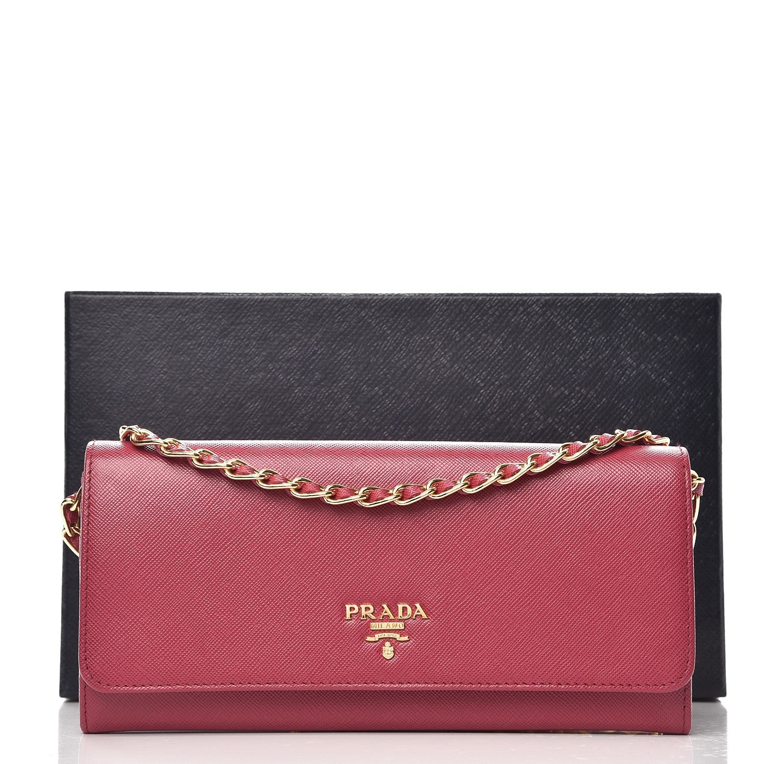 Prada Saffiano Metal Oro Chain Wallet Ibisco 8 of 8