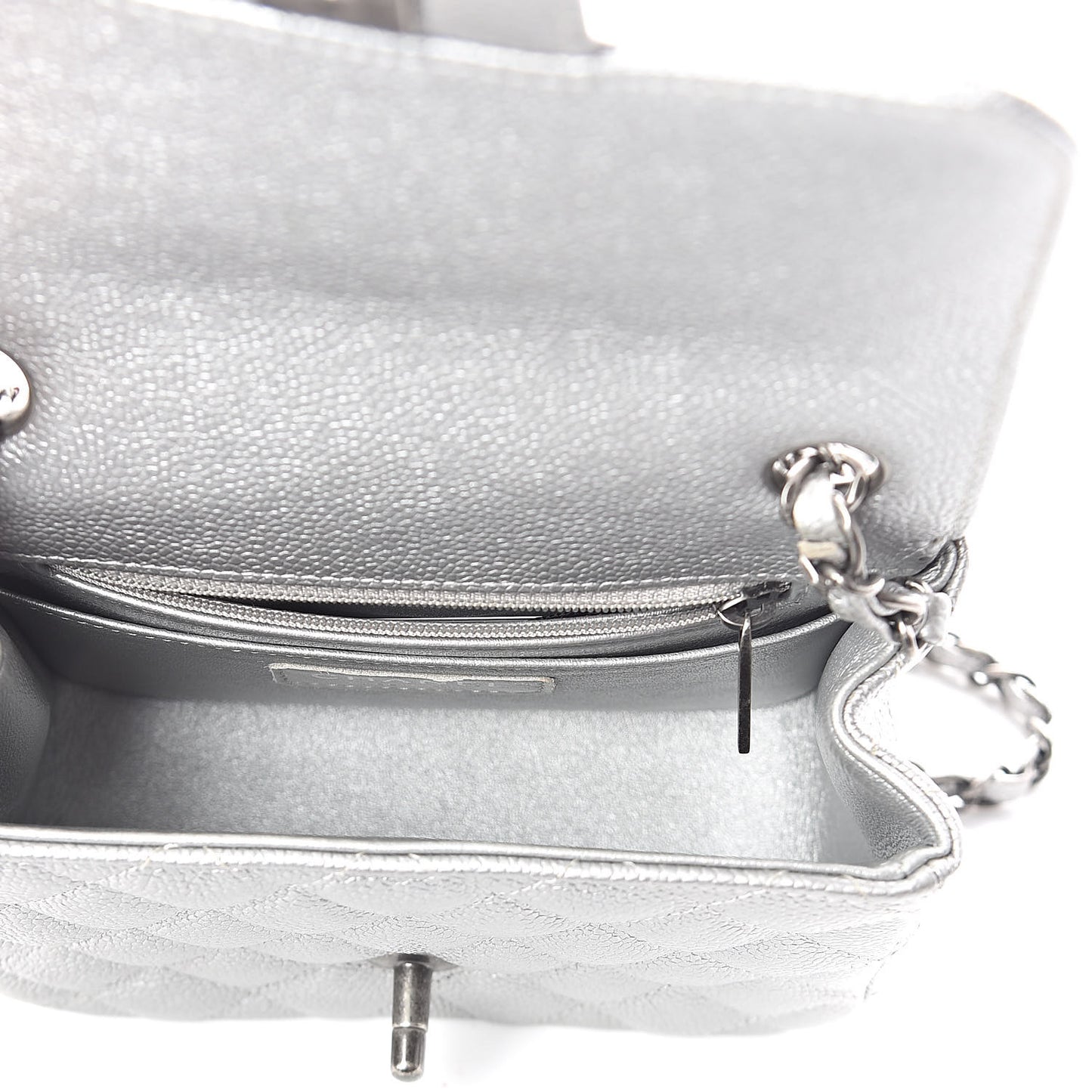 Metallic Caviar Quilted Mini Square Flap Silver