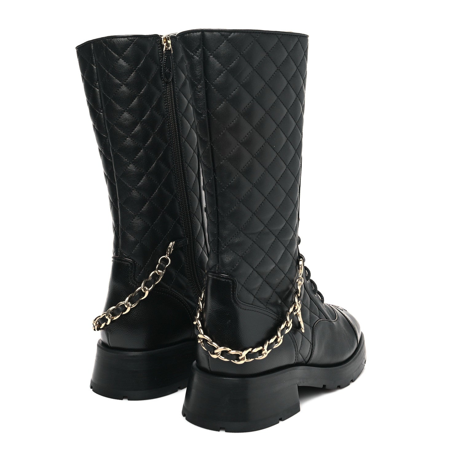 Chanel Shiny Calfskin Patent Quilted Chain Lace Up Combat Boots 39.5 Black 4 of 7