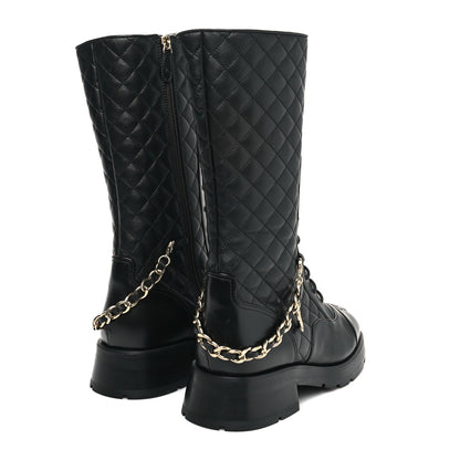 Chanel Shiny Calfskin Patent Quilted Chain Lace Up Combat Boots 39.5 Black 4 of 7