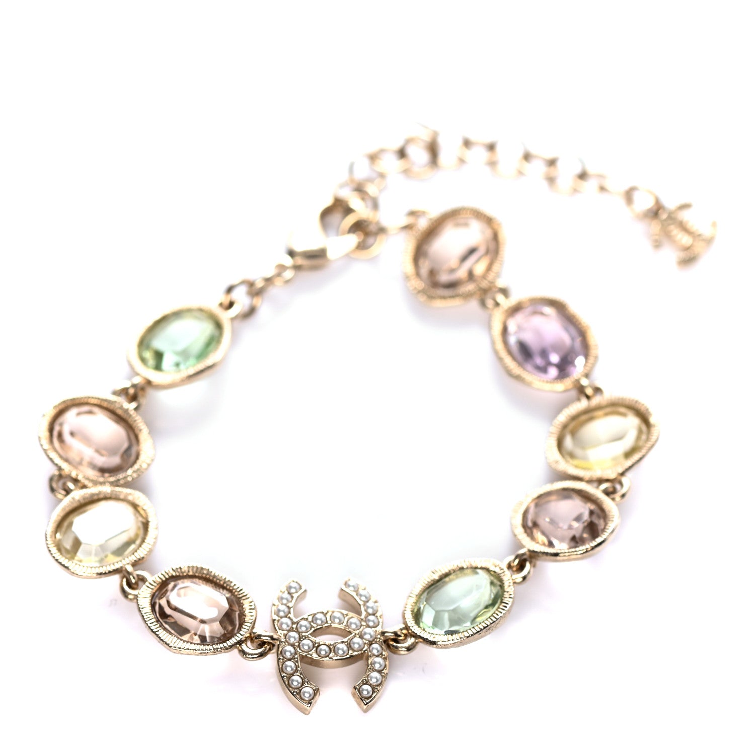 Chanel Metal Glass Crystal Strass Pearl CC Chain Bracelet Gold Multicolor Pearly White 1 of 4