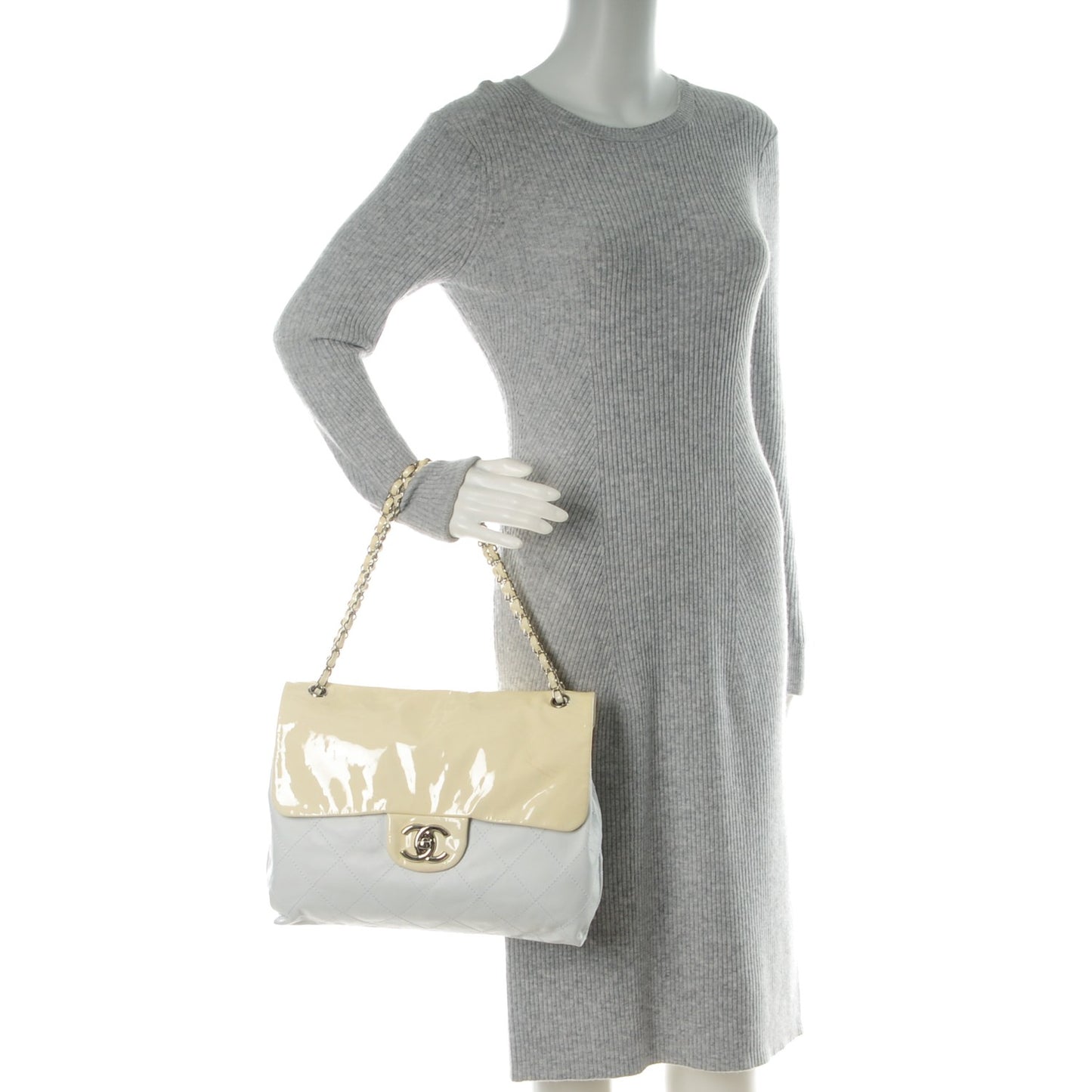 Patent Calfskin Stitched Shoulder To Shoulder Flap Hobo White