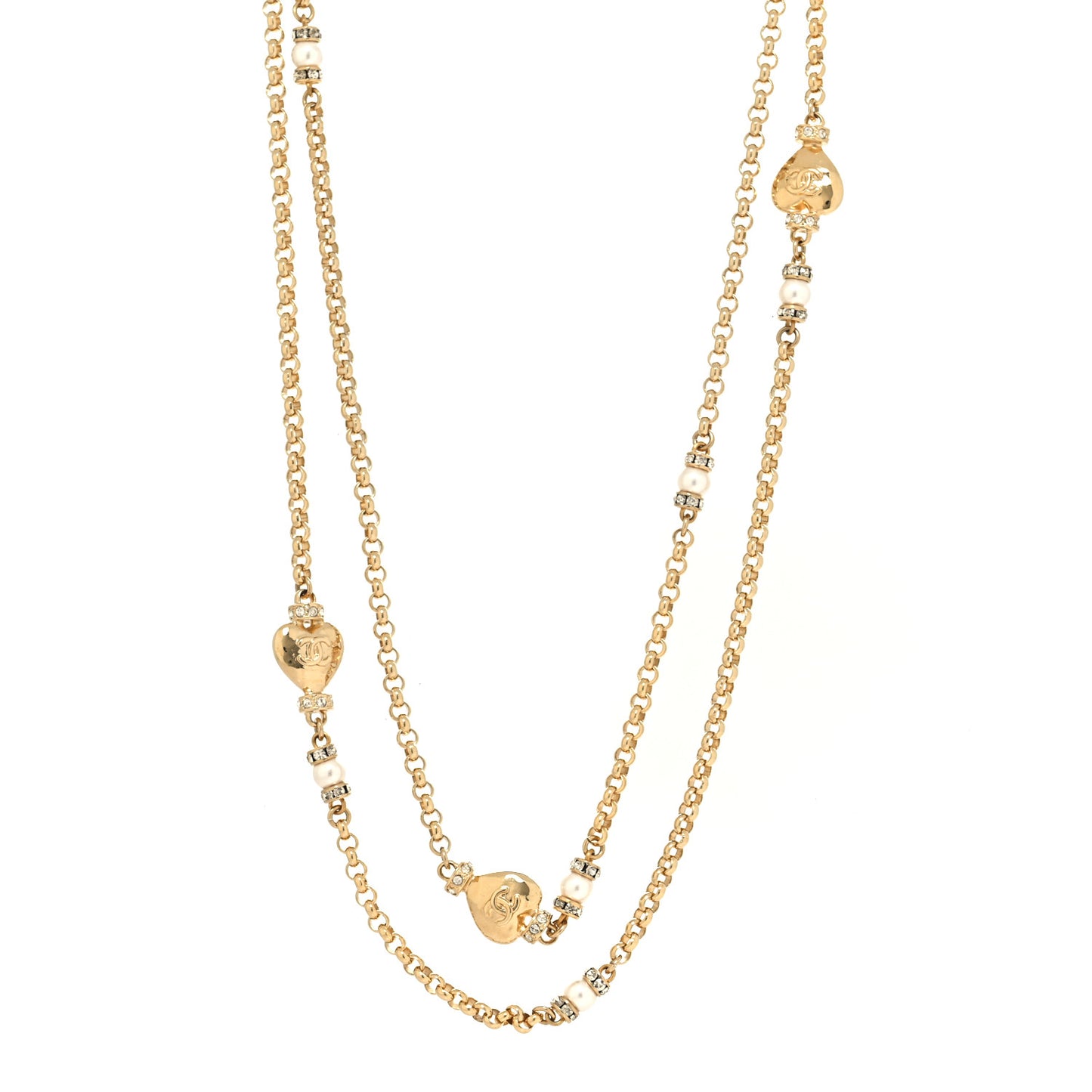 Pearl Bead Heart CC Long Necklace Gold