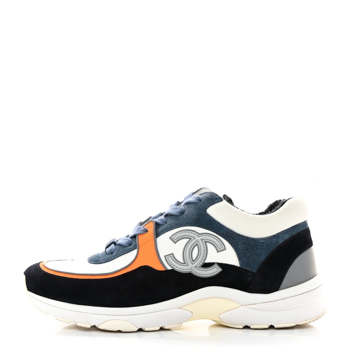 Chanel Nylon Calfskin Suede CC Womens Sneakers 37.5 Navy White Orange Black 1 of 11