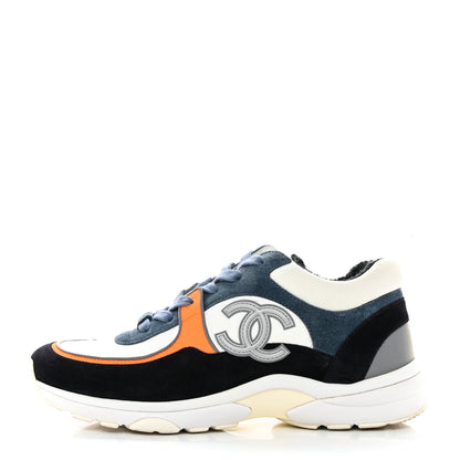 Chanel Nylon Calfskin Suede CC Womens Sneakers 37.5 Navy White Orange Black 1 of 11